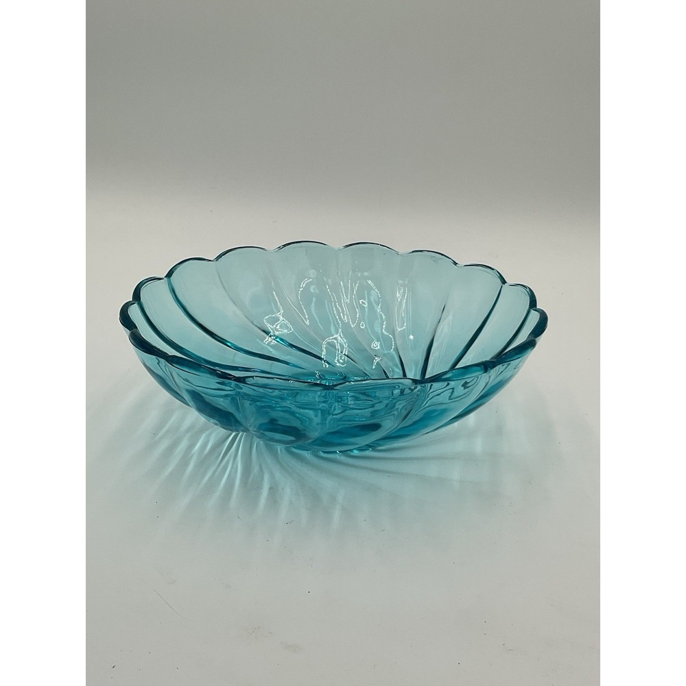 Vtg MCM Hazel Atlas Turquoise Blue "Capri Seashell" Swirl Glass Serving Bowl 9"